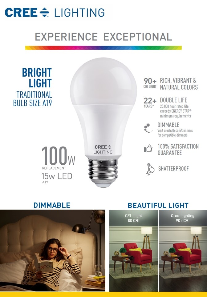 Cree 100Watt Equivalent A19 Dimmable Exceptional Light Quality LED